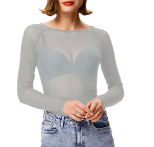 Kate Kasin Women's See Through Sage Gray Long Sleeve Mesh Shirt Size Small